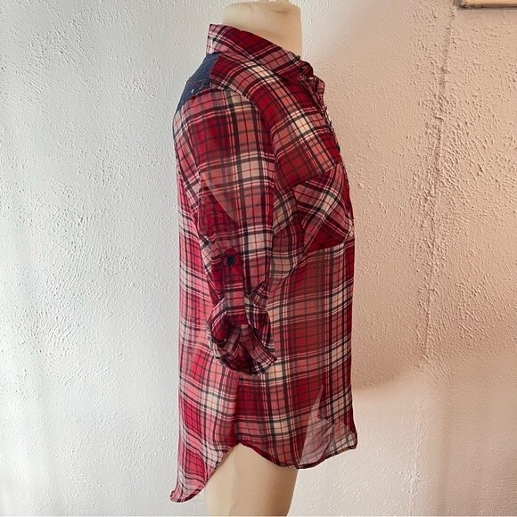 Xhilaration Sheer Pink Plaid Rolled Tab Long Sleeve Button Down Collared Shirt - Picture 2 of 5